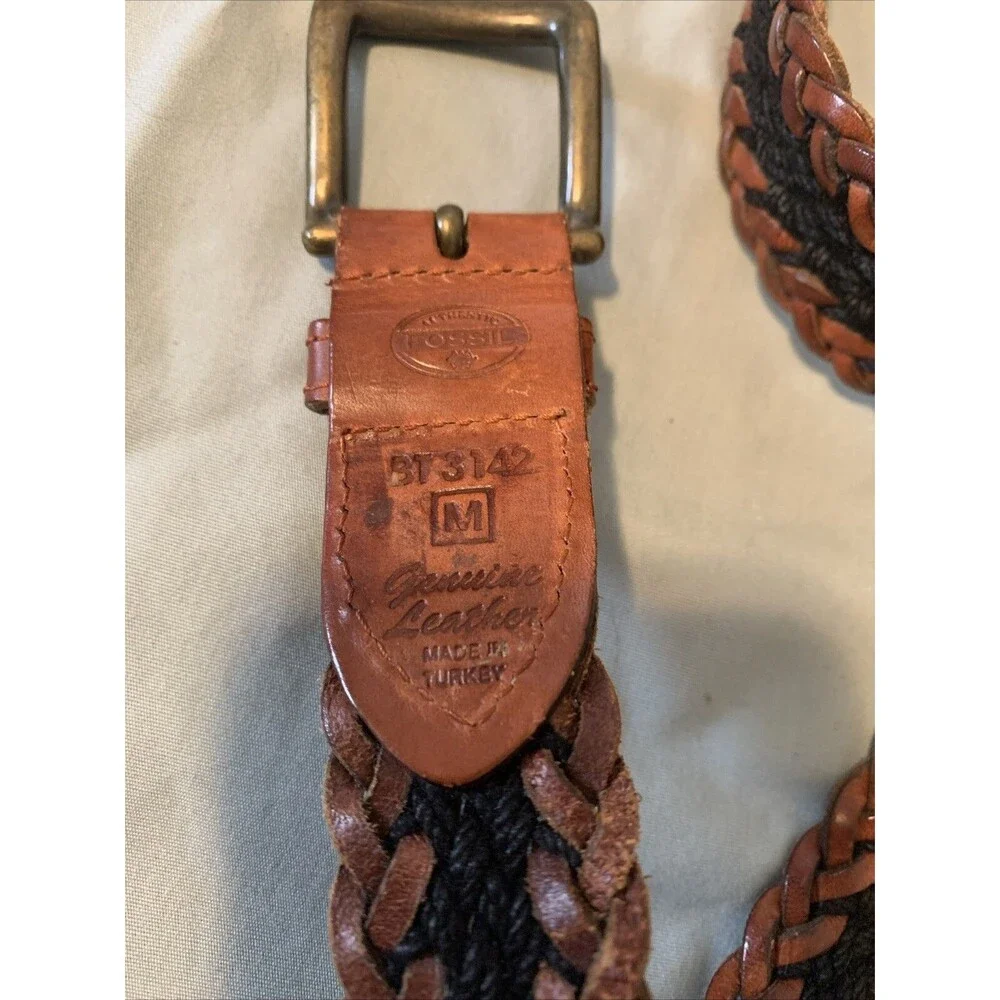 Fossil Brown Leather Braided Belt Womens Size M Made In Turkey BT3142